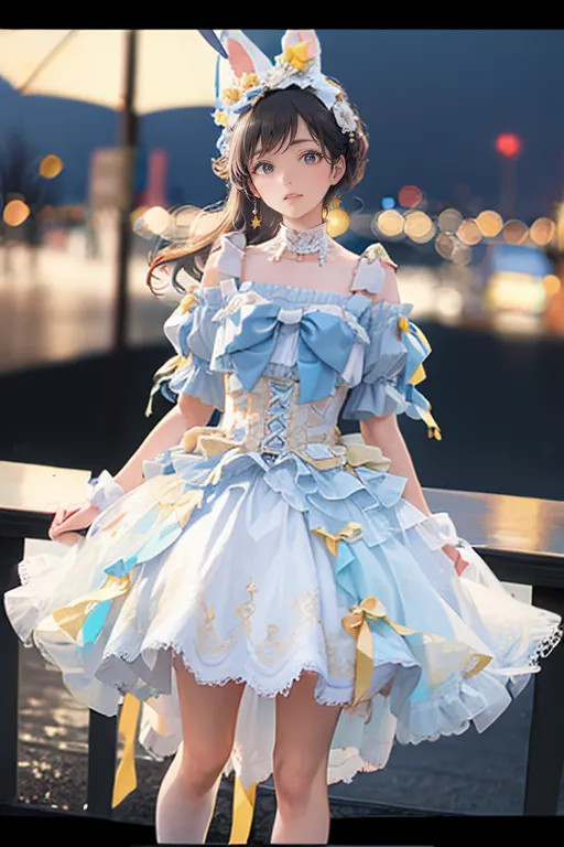 The image shows an anime girl with long brown hair and blue eyes. She is wearing a white and blue dress with a corset and a big bow on the chest. The dress is decorated with yellow and blue ribbons. She is also wearing a pair of bunny ears with flowers on them. She is standing on a bridge with a blurred city background with many lights.