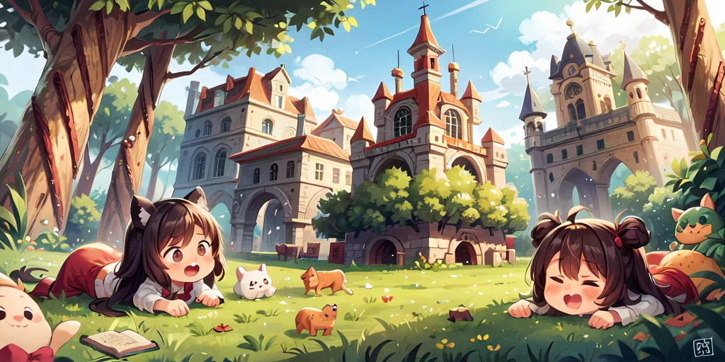 A imagem está em estilo anime e mostra duas meninas brincando em um campo fora de um castelo. As meninas estão usando vestidos vermelhos e brancos e têm cabelos castanhos. O castelo é feito de pedra cinza e tem uma grande torre do relógio. Há árvores e flores no campo, e alguns animais estão brincando ao redor das meninas. Os animais incluem um gato branco, um cachorro marrom e uma pequena criatura branca com orelhas semelhantes a de um coelho. As meninas estão sorrindo e parecem felizes.