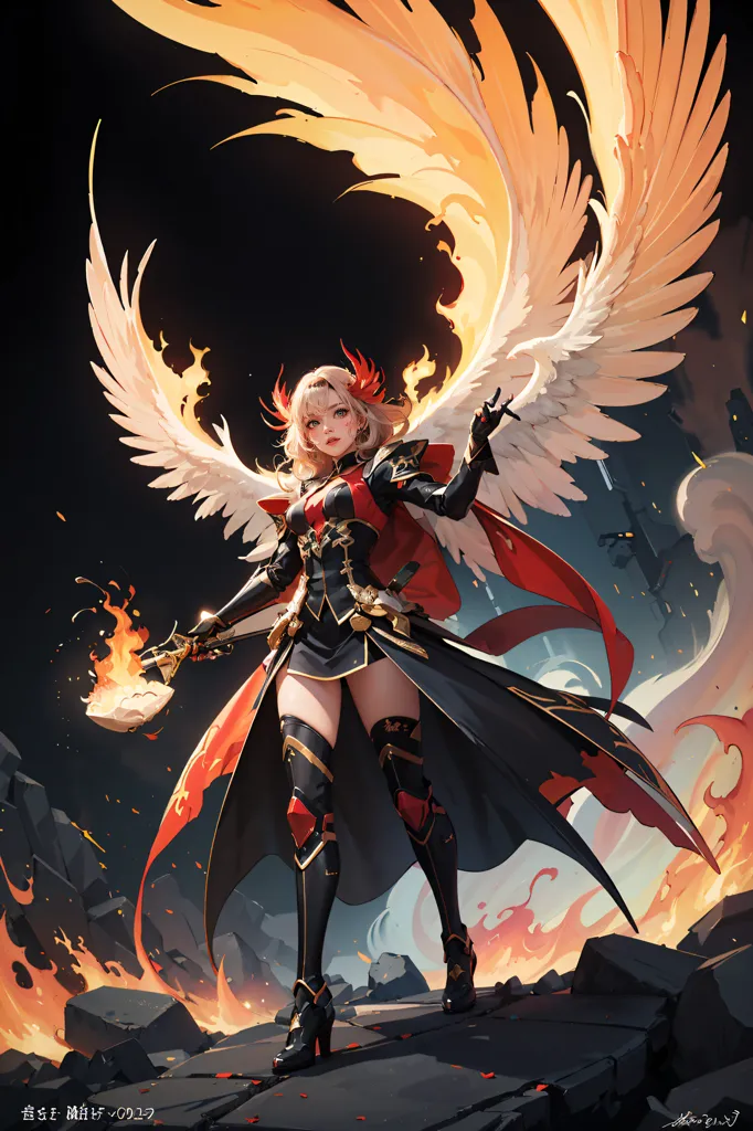 The picture shows a beautiful anime girl with long blond hair and red eyes. She is wearing a black and red dress with a white cape. She has a pair of white and gold wings and is holding a flaming sword. She is standing on a pile of rocks with a determined expression on her face. There are flames and debris floating in the background.