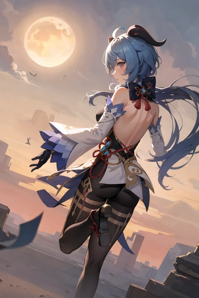 The image is of a young woman with long blue hair and purple eyes. She is wearing a white and blue outfit with a large red bow on her back. She is standing on a stone structure with one foot on the ground and the other raised in the air. She is looking back over her shoulder with a confident expression on her face. The background is a sunset sky with a large moon in the distance. There are some birds flying in the sky.