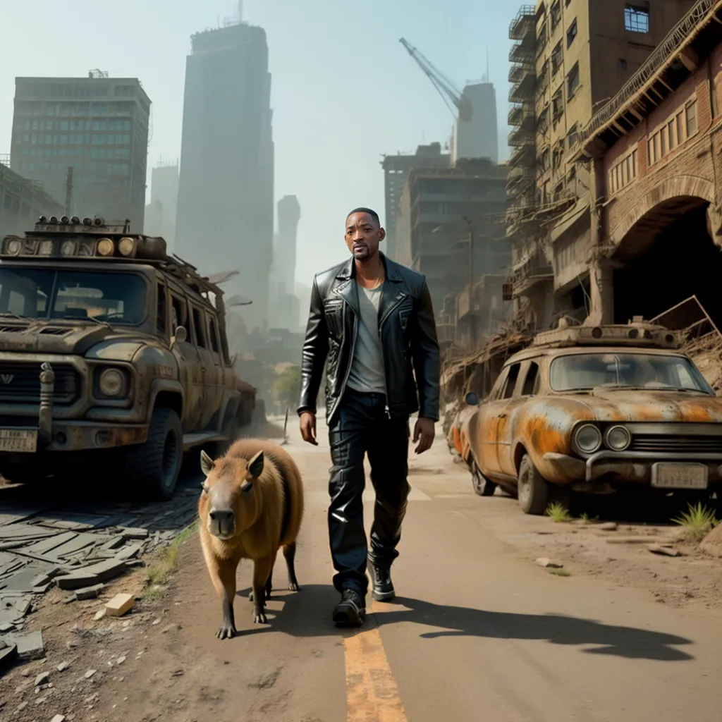 This is an image of Will Smith walking down a post-apocalyptic street with a capybara. Will Smith is wearing a black leather jacket and black pants. The capybara is walking on the left side of Will Smith. There are destroyed cars and buildings in the background. The sky is hazy and there are some buildings in the background.