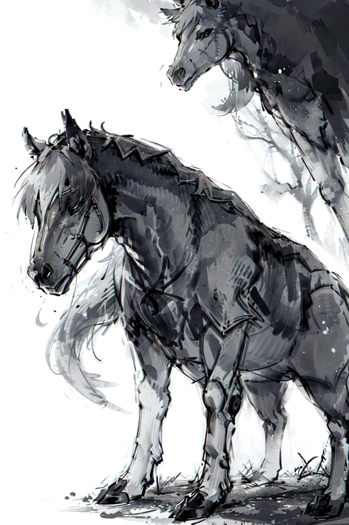 The image is a black and white drawing of two horses. The horse in the foreground is standing with its head bowed down. It has a long, flowing mane and tail, and is wearing a bridle and saddle. The horse in the background is standing behind the first horse and is slightly taller. It has a shorter mane and tail, and is also wearing a bridle and saddle. Both horses are muscular and well-proportioned. The background is white with some gray shading at the top.