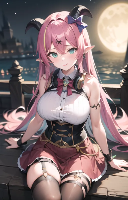 The image is of an anime-style girl with pink hair and horns. She is wearing a white shirt, a pink skirt, and a black bow. She is sitting on a railing with a cityscape and a large moon in the background. The girl has a happy expression on her face and is looking at the viewer.