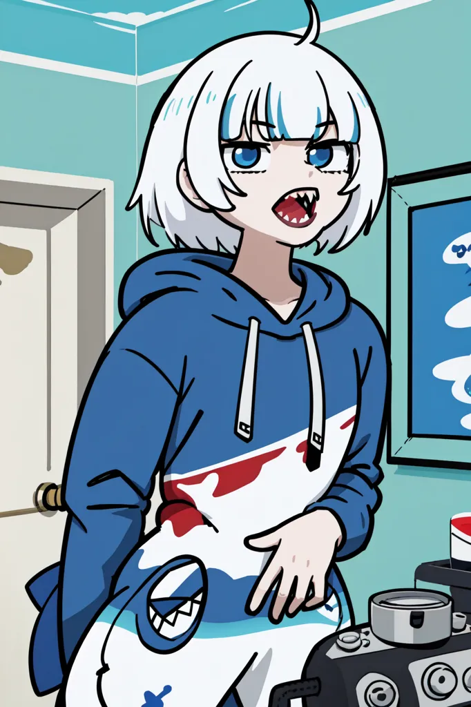This is an image of Gawr Gura, a popular VTuber and member of the Hololive English branch. She is depicted in her signature outfit, which consists of a blue hoodie with a shark design, a red and white striped undershirt, and a pair of shark-themed slippers. She has white hair with blue highlights and blue eyes, and she is often seen with a mischievous expression on her face. In this particular image, she is standing in a room with a blue wall and a door. There is a picture of a shark on the wall behind her. She is also wearing an apron.