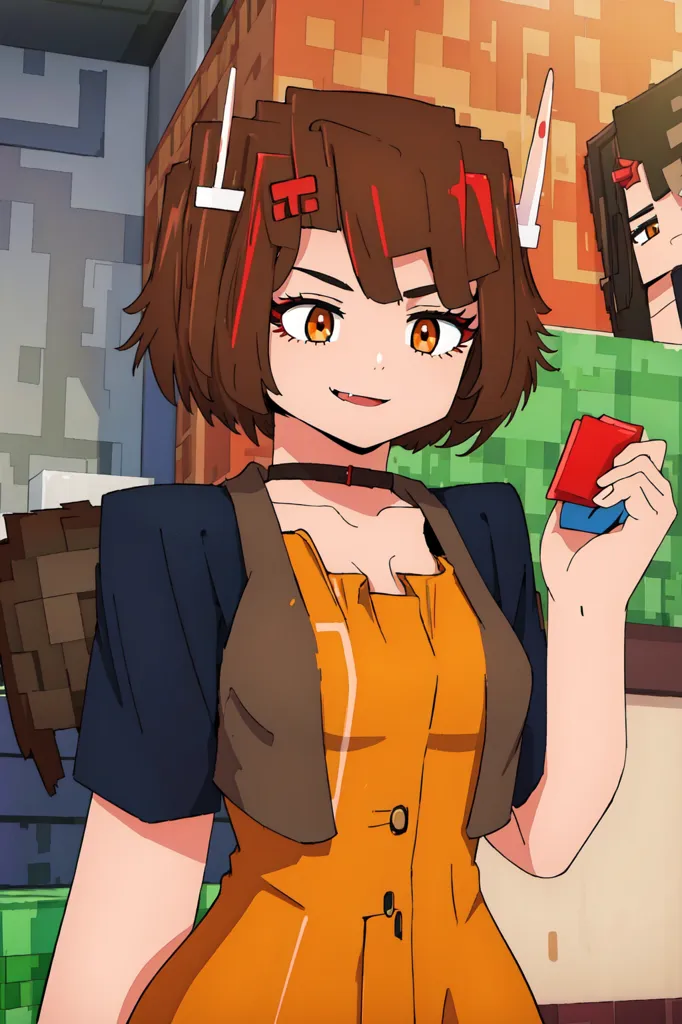 This is an image of an anime girl with brown hair and orange eyes. She is wearing a yellow dress with a white collar and a blue jacket. She has a red and white hat on her head and is holding a red and white card. She is standing in front of a building that looks like it is made of blocks, similar to the game Minecraft.