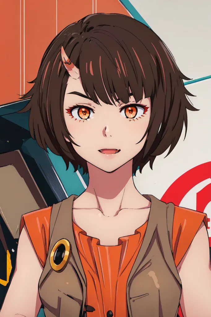 This is an image of a young woman with short brown hair and orange eyes. She has a small smile on her face and is looking at the viewer. She is wearing a brown vest with a yellow button and an orange shirt underneath. She has a brown bag slung over her right shoulder. She has two small horns protruding from the top of her head.