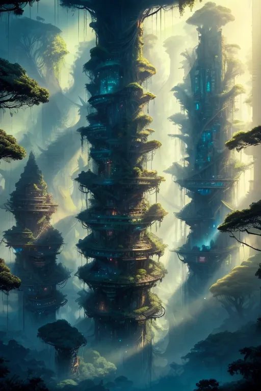 L'image est une peinture numérique d'une scène de science-fiction. La peinture représente une ville construite sur le dessus d'un arbre géant. L'arbre est si grand qu'il s'élève jusqu'aux nuages. La ville se compose d'une série de bâtiments et de tours interconnectés, tous recouverts d'une végétation luxuriante. Il y a également un certain nombre de véhicules volants qui volent autour de la ville. La peinture est réalisée dans un style réaliste, et l'artiste a utilisé une variété de techniques pour créer un sens de la profondeur et de l'atmosphère. L'effet global est celui de l'émerveillement et de l'admiration.