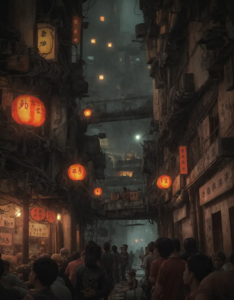 A imagem mostra uma rua movimentada em uma cidade chinesa. É noite e a rua é iluminada por lanternas vermelhas. Há pessoas andando e existem lojas e restaurantes em ambos os lados da rua. Os edifícios são altos e estreitos, e há muitas placas e anúncios neles. A rua está cheia e há muita atividade.