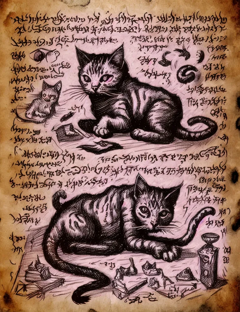 L'image est une page d'un vieux livre. La page est remplie de symboles et d'illustrations étranges. Au centre de la page se trouvent deux chats. Les chats sont tous les deux noir et blanc, et ils se regardent fixement. Les chats sont entourés de symboles étranges. Les symboles sont écrits dans une langue que je ne reconnais pas. L'image est très détaillée et il est clair que l'artiste a passé beaucoup de temps à la créer.