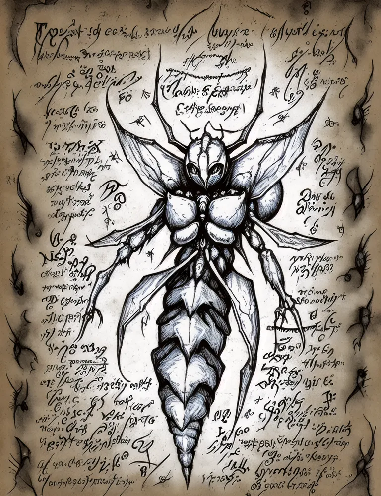 The image is a black-and-white drawing of a humanoid insect. It has the head of a fly, with large, compound eyes and a long, proboscis-like mouth. The body is that of a wasp, with a segmented abdomen and long, thin legs. The arms are human-like, but the hands are replaced with sharp claws. The creature is also has a pair of large, dragonfly-like wings. It is standing on a small pile of rocks, and there is a large tree in the background. The image is surrounded by a border of strange symbols.