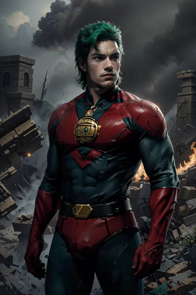 This is an image of a superhero. He is standing in a destroyed city. There are ruins of buildings all around him. The sky is dark and cloudy. The superhero is wearing a red and blue costume. He has a green hair and green eyes. He is looking at the camera with a determined expression.