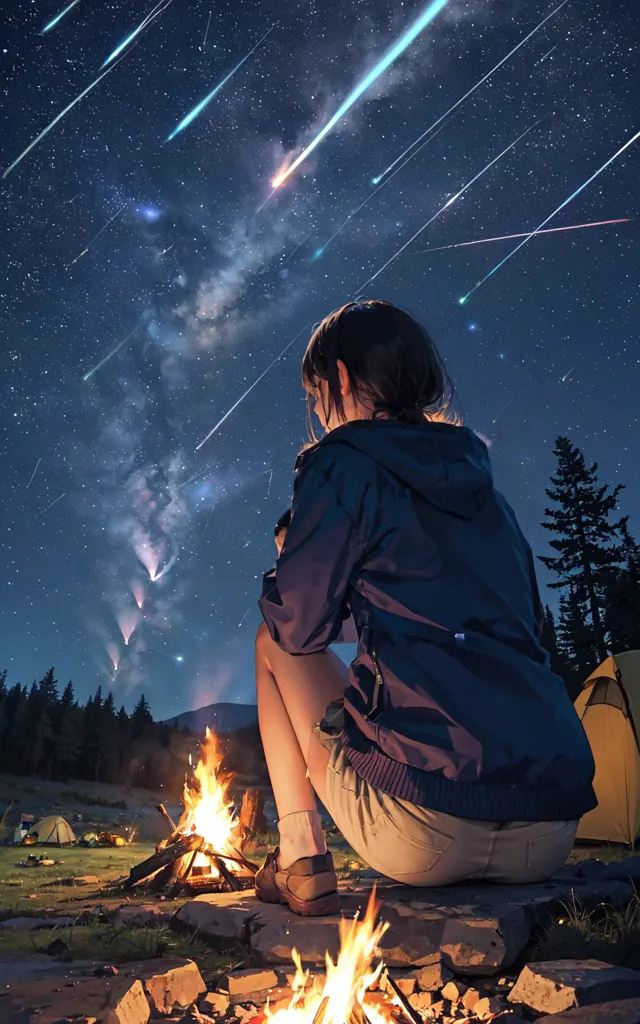 La imagen es de una niña sentada sobre una roca frente a una fogata, mirando hacia un cielo nocturno lleno de estrellas fugaces. Hay varias otras fogatas a lo lejos y una tienda de campaña. La niña lleva una chaqueta azul, pantalones cortos grises y zapatos marrones. Tiene las manos apoyadas en las rodillas y mira al cielo con asombro. El cielo es de un azul oscuro y está lleno de estrellas, y las estrellas fugaces dejan brillantes estelas de luz. La fogata arde intensamente y hay llamas saliendo de ella. La niña está rodeada de árboles y hay una montaña a lo lejos. La imagen es pacífica y serena, y el rostro de la niña está iluminado por la luz del fuego.