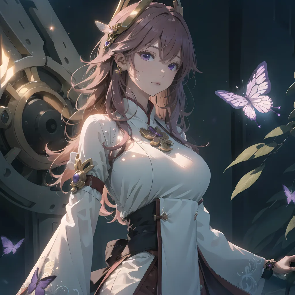 The image is of a beautiful anime girl with long pink hair and purple eyes. She is wearing a white and purple dress with a butterfly on her chest. She is standing in front of a large metal door with a butterfly on her hand.