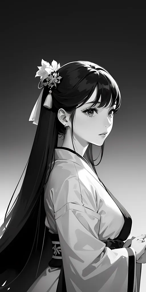 A imagem é um retrato em preto e branco de uma jovem mulher com longos cabelos pretos. Ela está usando um quimono tradicional japonês e tem uma flor no cabelo. A expressão da mulher é séria e pensativa. A imagem é desenhada em um estilo realista e os detalhes são finamente renderizados.