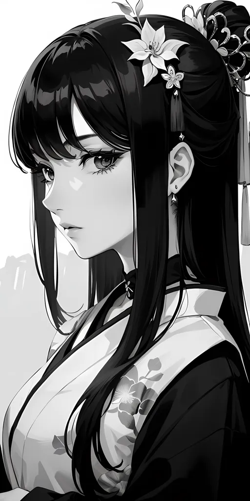 A imagem é um retrato em preto e branco de uma jovem mulher com longos cabelos pretos. Ela está usando um quimono tradicional japonês com um padrão floral. Seu cabelo está preso em um coque e ela tem um grampo de cabelo com uma flor. Ela tem uma expressão serena em seu rosto. A imagem é desenhada em um estilo realista e os detalhes são finamente renderizados.