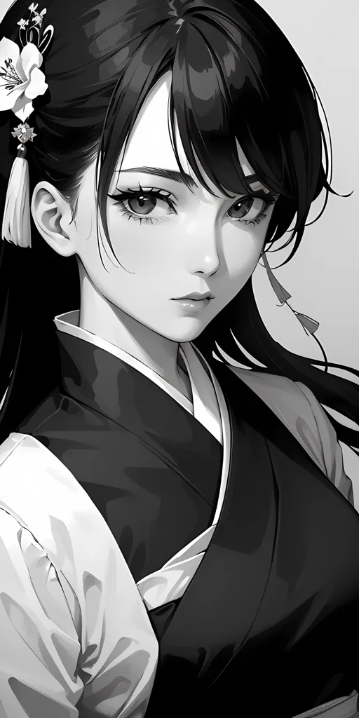 La imagen es un retrato en blanco y negro de una mujer joven con el cabello negro y largo. Ella está usando un hanbok tradicional coreano y tiene una flor en el cabello. La mujer tiene una expresión seria en su rostro y mira al espectador. La imagen está dibujada en un estilo realista y la belleza de la mujer es impactante.