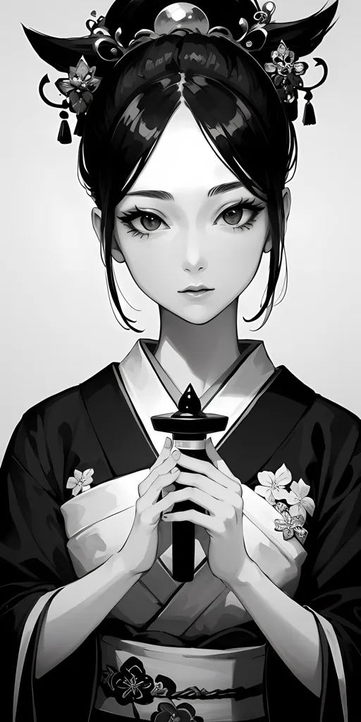 A imagem é um retrato em preto e branco de uma jovem mulher. Ela está usando um quimono e tem o cabelo em um estilo tradicional japonês. Ela olha para o espectador com uma expressão séria. A imagem é desenhada em um estilo realista e os detalhes são muito claros. A pele da mulher é lisa e impecável, e seus olhos são grandes e expressivos. Seu cabelo é longo e preto, e está penteado de uma maneira que é tanto elegante quanto tradicional. O quimono da mulher é preto com desenhos florais brancos e cinzentos. A imagem é ambientada em um fundo branco sólido, o que faz a mulher se destacar. O efeito geral da imagem é de beleza e elegância.