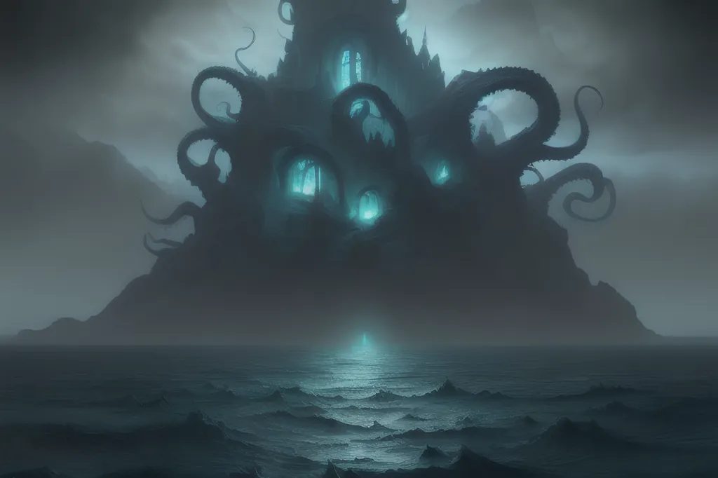 L'image représente une nuit sombre et orageuse. La mer est agitée et houleuse, et les vagues s'écrasent contre les rochers. Au loin, se dresse un grand château sombre. Le château est entouré de tentacules, et on dirait qu'il est sur le point d'être englouti par la mer. L'image est remplie de mystère et de suspense, et elle laisse le spectateur se demander ce qui va se passer ensuite.