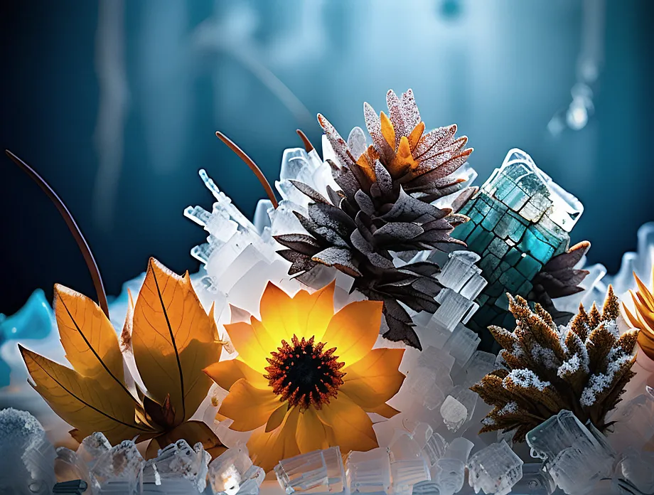 The image is a close-up of a variety of flowers and leaves, including yellow sunflowers, brown pine cones, and green leaves. The flowers and leaves are arranged on a bed of ice crystals, which gives the image a cold and wintery feel. The background is a dark blue, which makes the flowers and leaves stand out. The image is very detailed and realistic, and the colors are vibrant and lifelike.