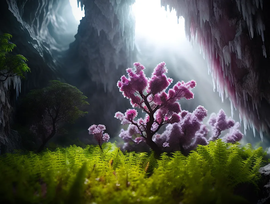 L'image se déroule dans une grotte. La grotte est sombre et mystérieuse, mais elle est aussi belle. Les murs de la grotte sont recouverts de cristaux scintillants. Il y a un seul arbre au centre de la grotte. L'arbre est couvert de délicates fleurs roses. Les fleurs sont si belles qu'elles semblent presque briller. Il y a une petite mare d'eau au pied de l'arbre. L'eau est d'une clarté cristalline. Il y a quelques fougères qui poussent autour de la mare. Les fougères sont d'un vert vif. L'image est pleine de contrastes. La grotte sombre sert de toile de fond à la beauté délicate de l'arbre. Les fleurs roses sont un rappel que même dans les endroits les plus sombres, il peut y avoir de la beauté.