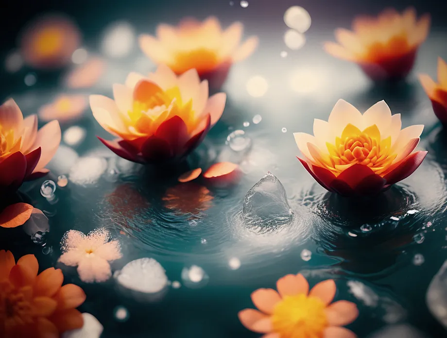 The image is a close-up of a pond with water lilies. The water lilies are orange and yellow with reddish edges, and they are surrounded by green lily pads. The water is a deep blue color. There are also some small white flowers in the water. The image is very peaceful and relaxing.