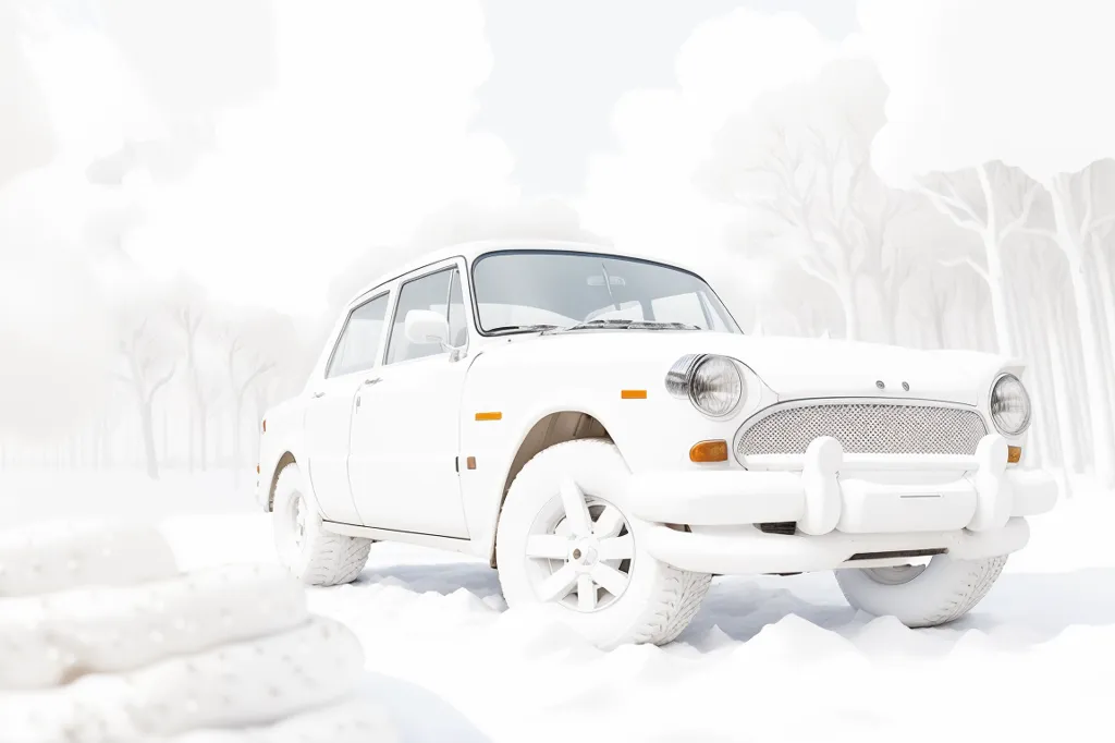 The image shows a white car in a snowy forest. The car is a classic model with a round body and large headlights. It is covered in snow. The forest is full of tall, bare trees. The snow is thick on the ground. The image is very atmospheric and has a dreamlike quality.