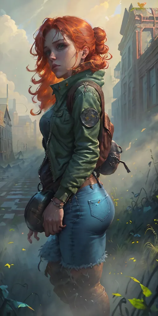 This is an image of a young woman standing in a post-apocalyptic city. She is wearing a green jacket, blue jeans, and brown boots. She has a backpack on her back and a gun in her hand. The city is in ruins, with destroyed buildings and overgrown plants. The sky is cloudy and the sun is not visible.