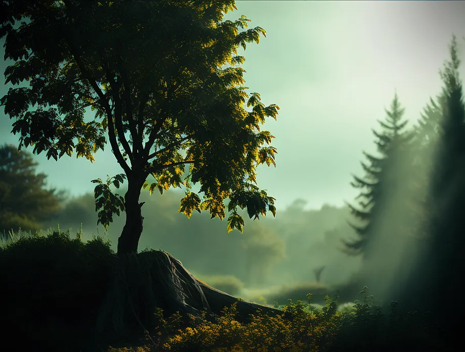 Esta es una hermosa imagen de un árbol en un bosque neblinoso. El árbol está en primer plano, con sus ramas extendiéndose hacia el espectador. Las hojas son de un verde exuberante y parecen brillar a la luz del sol. El fondo de la imagen es un borrón de verde y blanco, con los árboles en la distancia apenas visibles. El efecto general es de paz y tranquilidad.