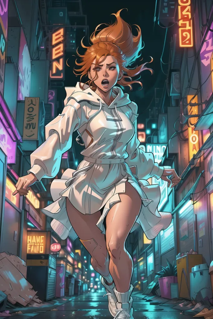 This is an image of a woman running down a street in a futuristic city. She is wearing a white dress and a white hoodie. The city is full of neon lights and skyscrapers. The woman is running towards the viewer. She has long red hair and green eyes. She is wearing a determined expression on her face.