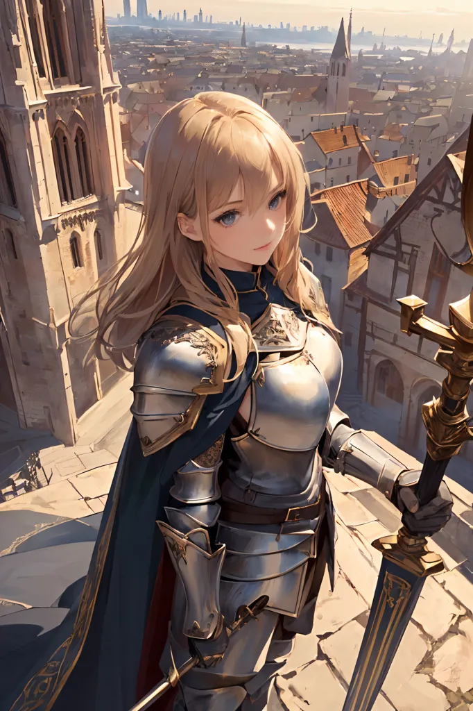 The image is of a young woman standing on a rooftop in a medieval city. She is wearing silver armor and a blue cape. She has long blond hair and blue eyes. She is holding a sword in her right hand and a shield in her left hand. The city is in the background and there is a large cathedral on the left side of the image.