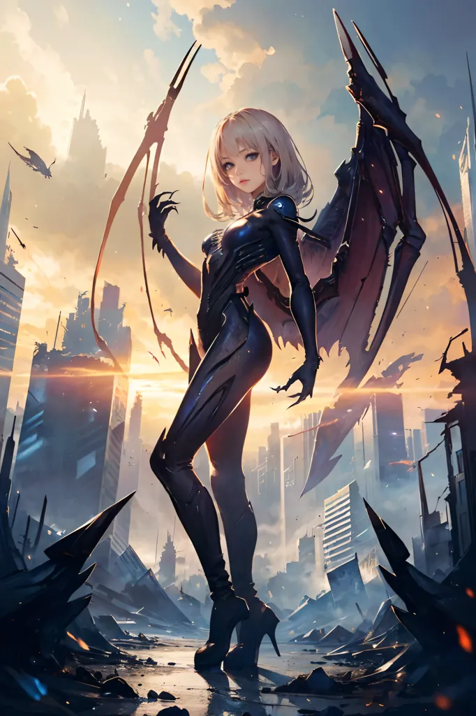 The image is of a beautiful anime girl with long white hair and black wings. She is wearing a black bodysuit and high heels. She is standing in a ruined city. The sky is orange and there are clouds. There are also some buildings in the background. The girl is looking at the viewer with a serious expression.