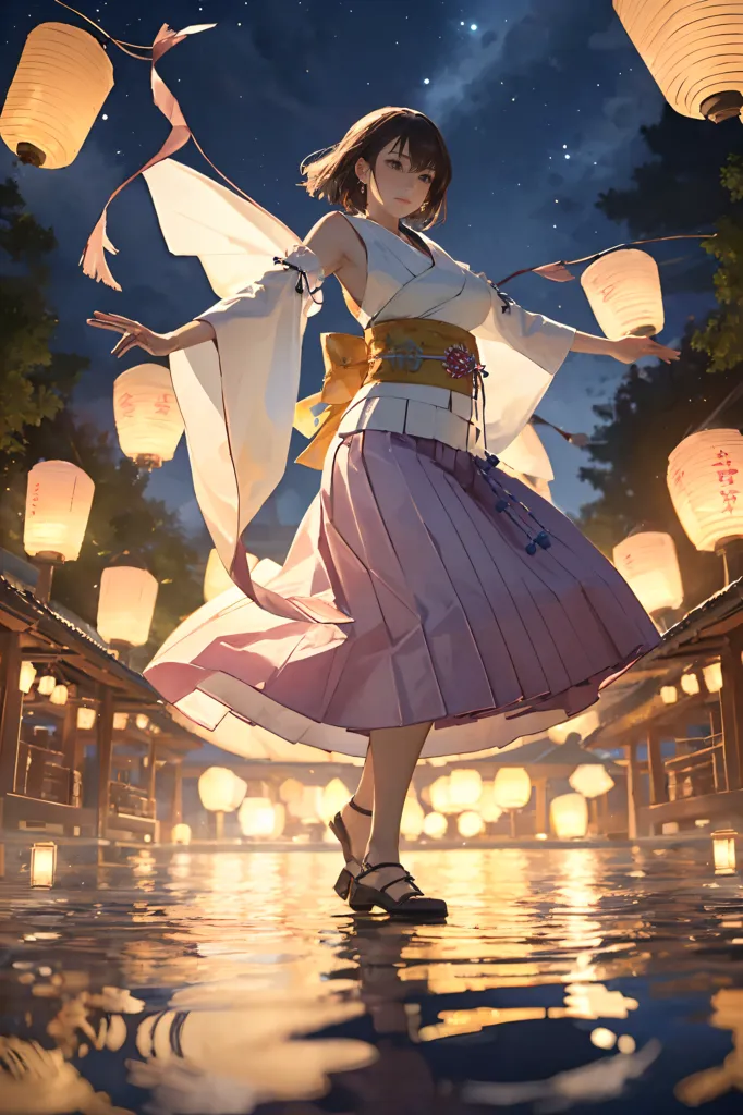 The image is of a young woman in a kimono standing on a stone bridge over a river. She has her arms outstretched and is surrounded by paper lanterns. The lanterns are lit by candles, and the light is reflected on the water. The woman is wearing a white kimono with a pink sash, and her hair is flowing in the wind. The background is a night sky with stars and a crescent moon. The image is peaceful and serene.