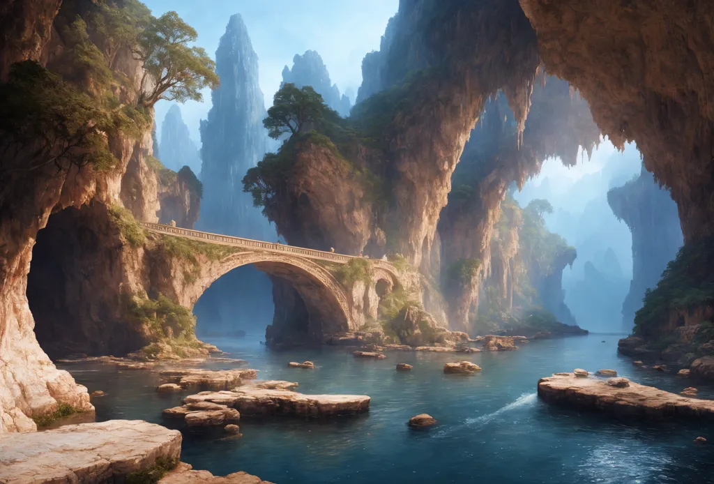 The image is a fantasy landscape painting. It shows a river flowing through a narrow valley. The valley is surrounded by tall cliffs and mountains. There is a bridge in the middle of the image. The bridge is made of stone and has a pointed arch. There are trees and shrubs growing on the cliffs. The water in the river is blue and green. The sky is blue and there are some clouds in the sky. The image is very detailed and realistic.