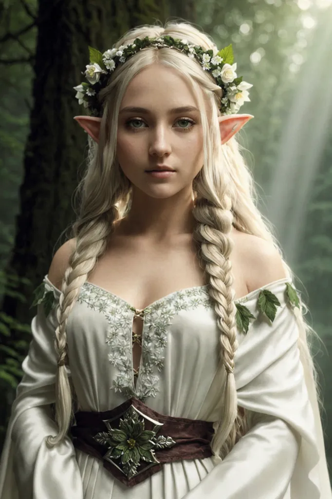 L'image montre une belle jeune femme aux longs cheveux blonds et aux yeux verts. Elle porte une robe blanche avec une ceinture verte et une couronne de fleurs blanches sur la tête. Elle se tient dans une forêt, et une lumière douce et éthérée brille autour d'elle. La femme a une expression sereine sur le visage et semble en paix avec elle-même et son environnement.