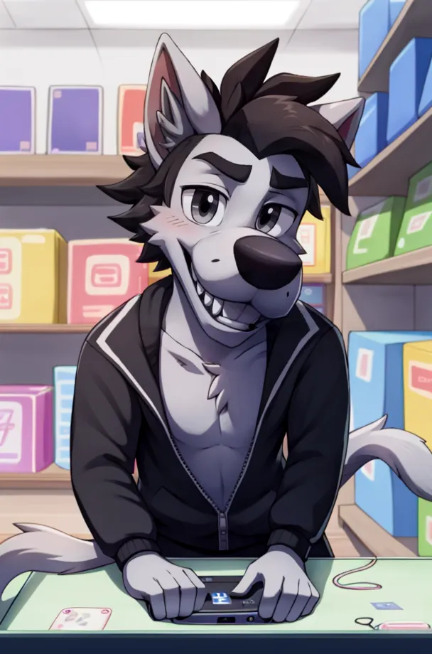 This is an image of a wolf standing in front of a shelf. The wolf is wearing a black hoodie and has a grey and white fur. He has a friendly expression on his face and is looking at the viewer. There are shelves stocked with boxes and other items behind him.