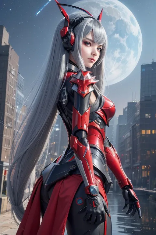 The picture shows a young woman standing on a rooftop in a futuristic city. She is wearing a red and black bodysuit with a long white ponytail. She has a serious expression on her face and is looking off into the distance. The city is in the background and is covered in tall buildings and skyscrapers. The moon is full and is shining brightly in the sky.