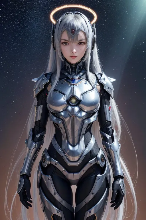 La imagen muestra a una hermosa chica de anime con el cabello blanco largo y ojos plateados. Lleva un traje de cuerpo plateado y negro con un halo sobre su cabeza. Está de pie en un fondo oscuro y estrellado.