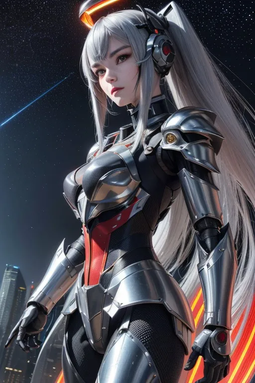 The image is a digital painting of a young woman with long silver hair and red eyes. She is wearing a futuristic suit of armor that is mostly silver with some red and gold accents. The armor has a glowing orange light on the chest and on the back. She is standing in a city at night, with a large building in the background. The sky is dark and there are stars in the sky.