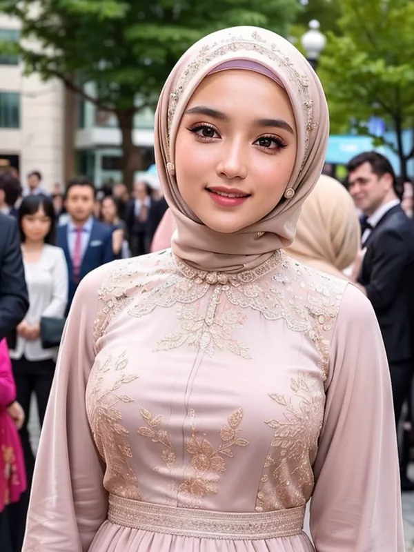 L'image montre une jeune femme portant un hijab. Le hijab est un foulard qui couvre la tête et le cou, mais laisse le visage visible. La femme porte une robe rose pâle avec des détails de broderie et de dentelle complexes. La robe est ajustée au corps et a une jupe longue et fluide. La femme porte également un collier et des boucles d'oreilles. Son maquillage est naturel et elle porte un rouge à lèvres rose pâle. La femme se tient devant un arrière-plan flou d'arbres et de bâtiments.