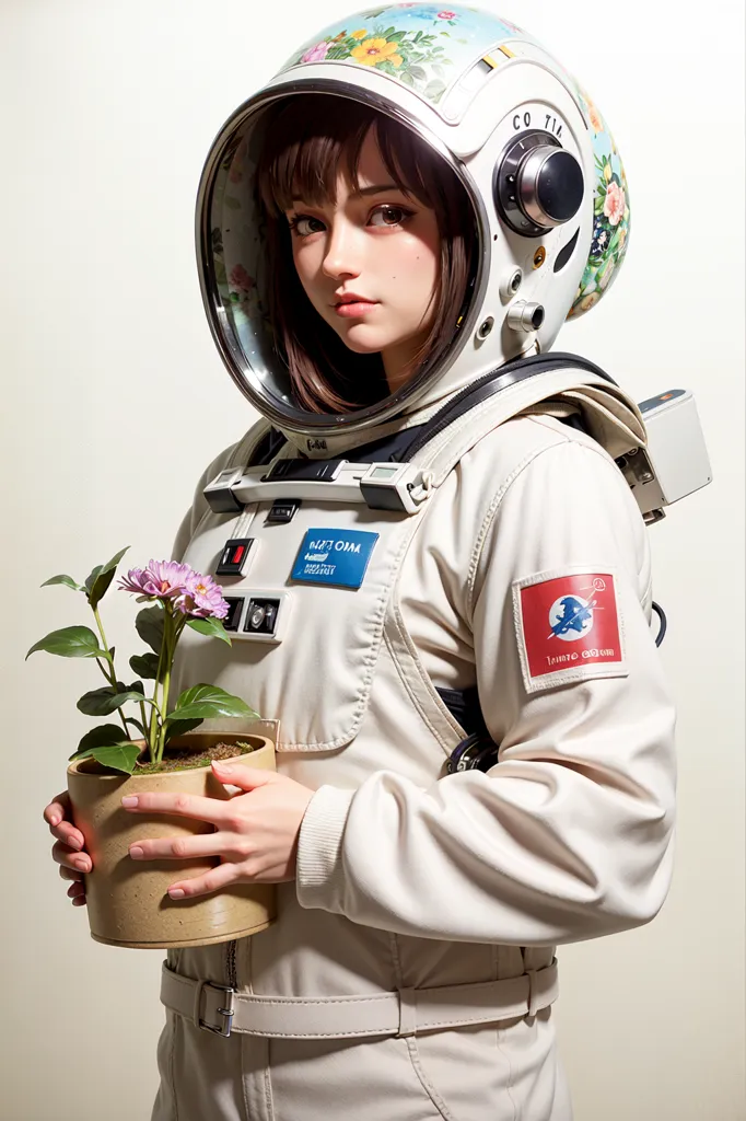 Esta é uma imagem de uma menina jovem em um traje espacial com o capacete colocado. O traje espacial é branco com um capacete de bolha transparente e vários botões, interruptores e outros equipamentos anexados a ele. A menina tem cabelos castanhos e olhos castanhos e olha para a câmera com uma expressão séria. Ela está segurando uma pequena planta em vaso em suas mãos, que tem flores roxas.