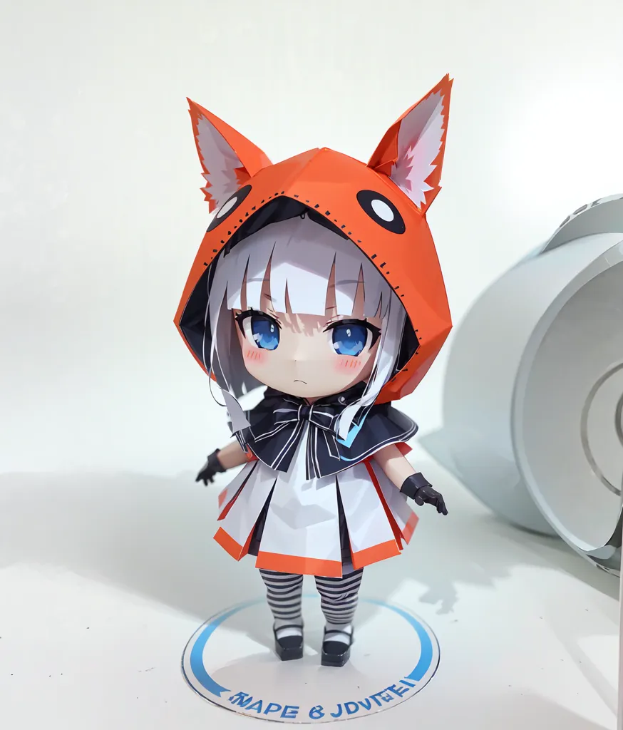 Gambar ini menunjukkan model papercraft dari seorang gadis Kitsune chibi. Dia memiliki rambut putih dan oranye yang dikenakan dalam model twintails, telinga rubah oranye, dan mata biru. Dia mengenakan gaun putih dan oranye dengan pita hitam dan ekor rubah yang menjulur di bagian belakang. Dia berdiri di atas platform putih kecil.