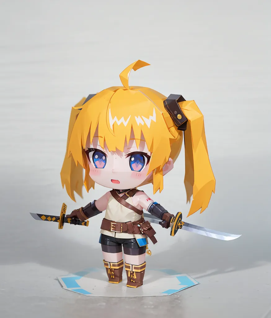 The image shows a papercraft model of a young girl with yellow twintails, blue eyes, and a beauty mark on her right cheek. She is wearing a white shirt, brown shorts, and brown boots. She is also carrying two swords.