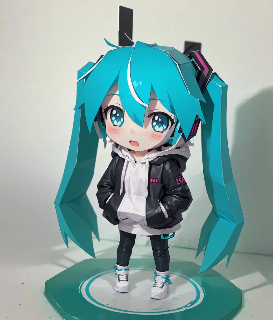 A imagem mostra uma figurinha do personagem Vocaloid Hatsune Miku. Ela está usando um casaco preto com listras brancas e rosas nas mangas e um capuz branco. Ela também está usando calças pretas e sapatos brancos com solas azuis e rosas. Seu cabelo azul longo está preso em duas marias-chiquinhas e ela tem um par de fones de ouvido na cabeça. Ela está em pé em uma pequena plataforma verde. A figurinha tem cerca de 10 centímetros de altura e é feita de plástico. É uma versão chibi de Hatsune Miku, que é uma versão estilizada do personagem frequentemente usada em mercadorias.