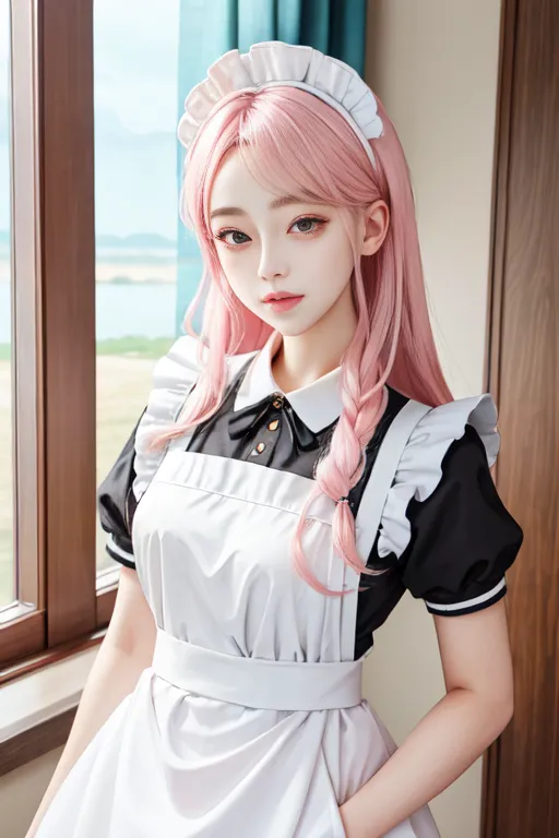 The image shows a young woman with pink hair dressed in a black and white maid outfit. The outfit consists of a short-sleeved black top with a white collar and a white apron. She is also wearing a white headband with a frilly edge and a pink bow. Her hair is long and pink, and she has brown eyes. She is standing in a room with a window in the background.