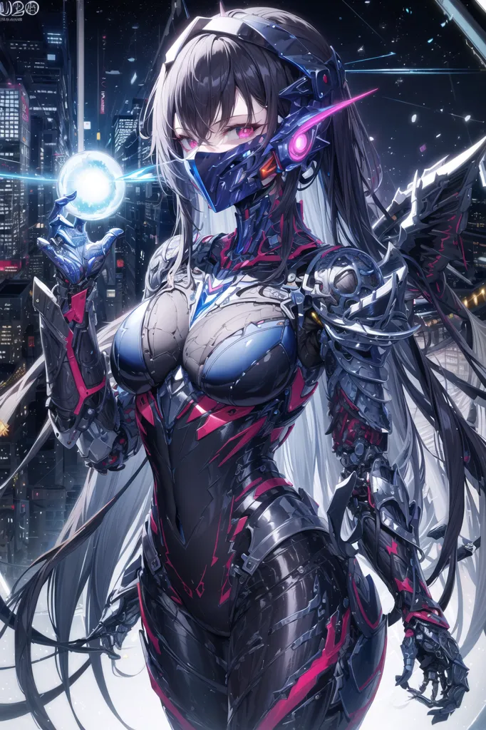 This is an image of a female character with long black hair and red eyes. She is wearing a black and red bodysuit with a metal mask and gloves. She is standing in a futuristic city with tall buildings and bright lights. She is holding a glowing blue orb in her hand.