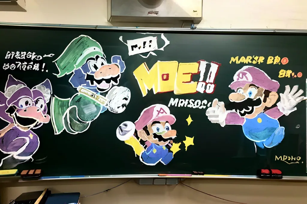 The image shows a chalkboard with a drawing of Mario and his friends from the Super Mario Bros. video game series. Mario is in the center, wearing his signature red and blue outfit. To the left of Mario is Luigi, wearing a green outfit. To the right of Mario is Princess Peach, wearing a pink dress. And above Mario is Toad wearing a purple vest. The characters are all drawn in a chibi style, and they are all smiling and happy. In the background, there is a large mushroom, and there are stars scattered around.