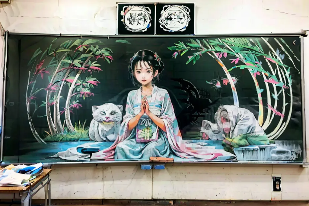 L'image montre un tableau noir avec un beau dessin à la craie d'une fille en kimono debout dans une forêt. La fille a les mains jointes devant elle et regarde vers le bas un chat blanc assis devant elle. Il y a un singe derrière le chat, qui regarde également la fille. L'arrière-plan est une scène de forêt avec des arbres verts et des fleurs roses. Le dessin est très détaillé et ressemble à une peinture.