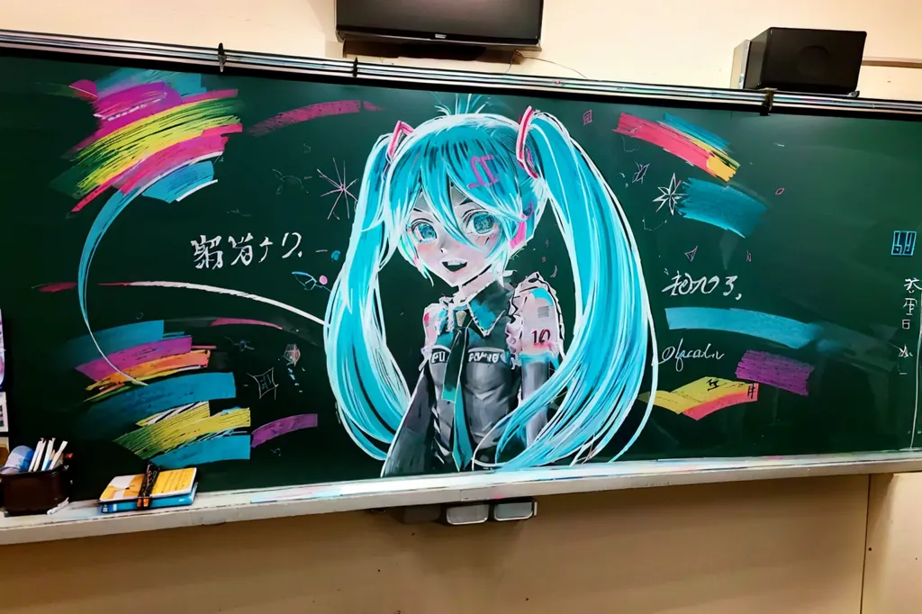 L'image montre un tableau noir avec un dessin de Hatsune Miku, un personnage de logiciel Vocaloid japonais. Elle est représentée avec ses célèbres couettes turquoise et ses yeux verts, portant une tenue noire et grise. Le dessin est réalisé à la craie et est très détaillé, capturant bien les traits de Miku. Le tableau noir comporte également de l'écriture japonaise, qui peuvent être les paroles d'une de ses chansons.