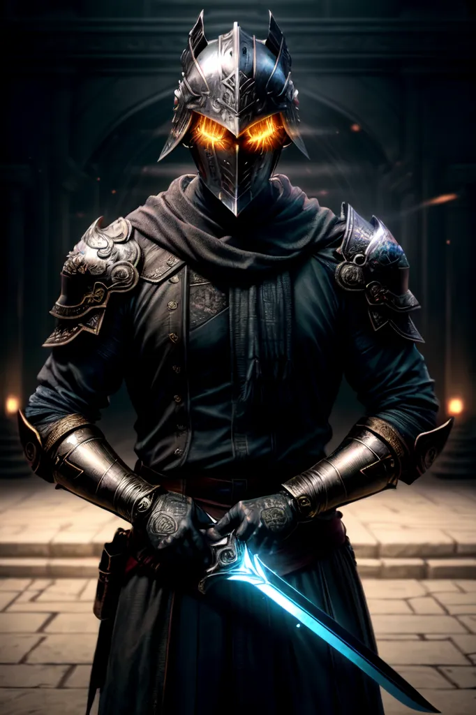 The image is of a knight in dark armor with glowing yellow eyes. He is standing in a dark room with a sword in his hand. The knight is wearing a black and grey tunic with silver and brown armor. He is also wearing a black cape. The room is made of stone with two large pillars in the background. There are also sconces on the walls with candles in them.