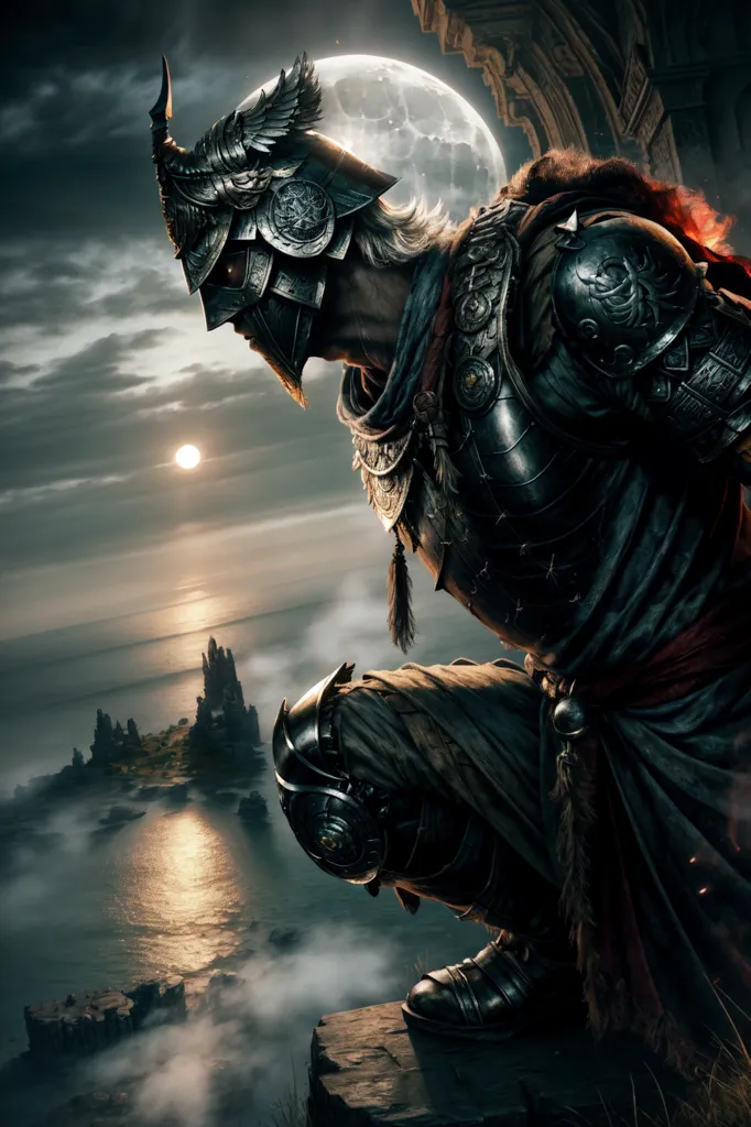 The image is a dark fantasy illustration of a knight kneeling on a rock. The knight is wearing a full set of armor and a helmet with a visor. The armor is dark grey and the helmet has a silver trim. The knight is also wearing a red cape. The background of the image is a dark sky with a full moon. There is a castle in the distance. The knight is looking down at the castle. The image is very detailed and the artist has used a variety of techniques to create a realistic and immersive scene.